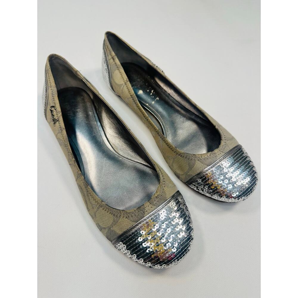 Coach Monogram Silver Sequin Toe Ballet Flats Size 8.5